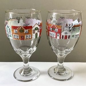 Vintage Holiday Wine Goblets Winter Main Street Town Village by Libbey Glass